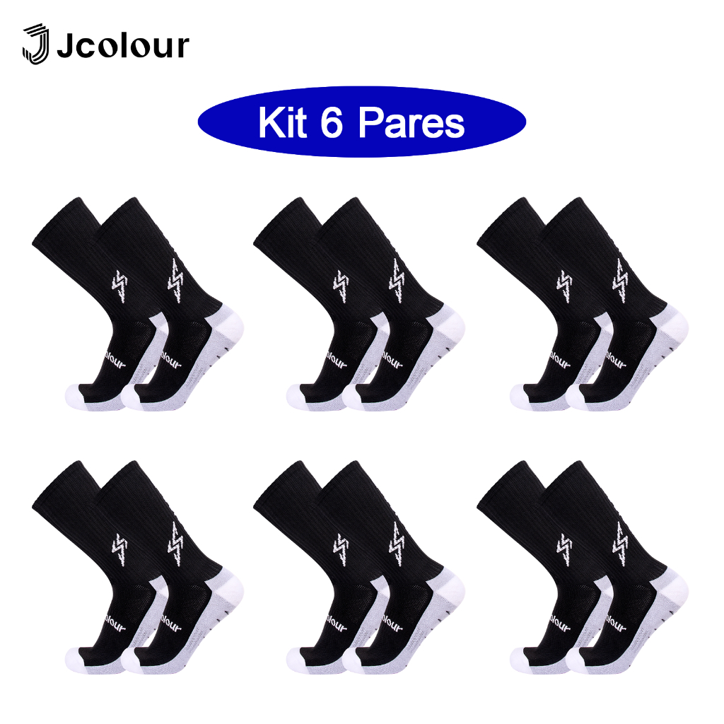 Jcolour Kit 6 Meias de Futebol tubo médio Thundergrip Esportivas Corrida Antiderrapante Futebol