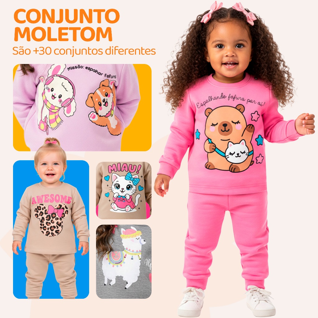 Kit 4 Peças De Roupa Infantil Menina Conjuntos De Moletom Peluciado Para Bebês Feminino Inverno Quentinho de Frio
