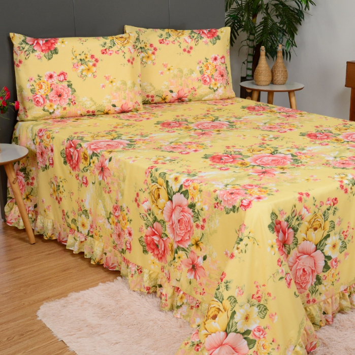 Colcha Cobre Leito Queen 400 Fios Jogo de Cama 3 Peças Floral Lençol com Babado Tecido Macio