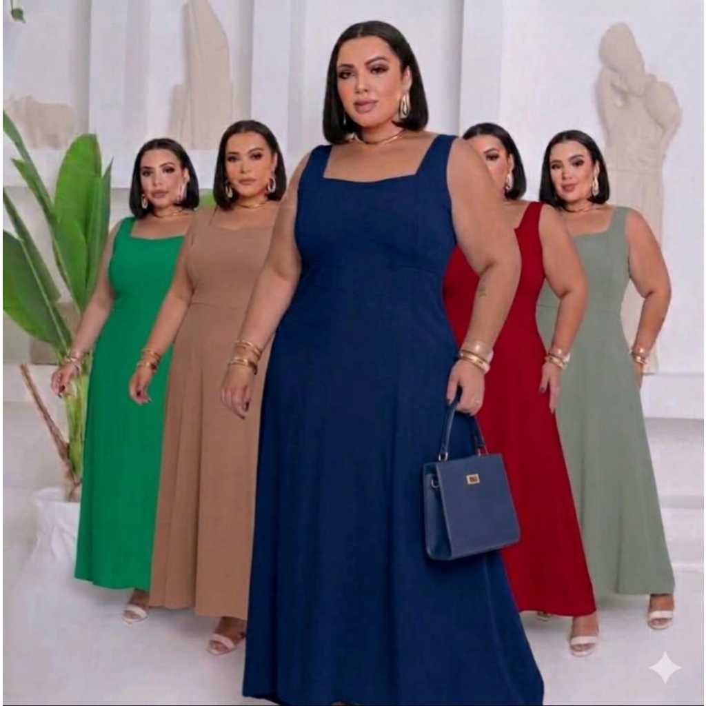Vestido Plus Size Feminino Liso, Longo e com Elastex nas Costas G - GG - G1