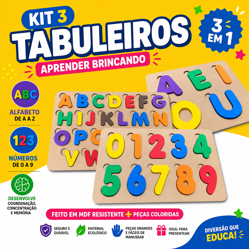 Kit 3 Tabuleiros Alfabeto + Números + Vogais  infantil brinquedo montessori Educativo Alfabetização
