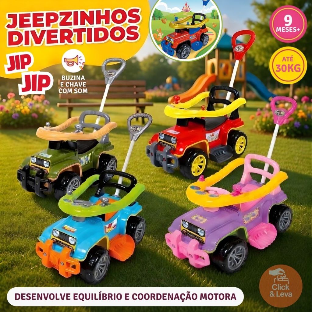 Carrinho Jipe Jip Jip Infantil Criança 3 em 1 Passeio Haste Empurrador Buzina Proteção Militar Colorido Bombeiro Roxo
