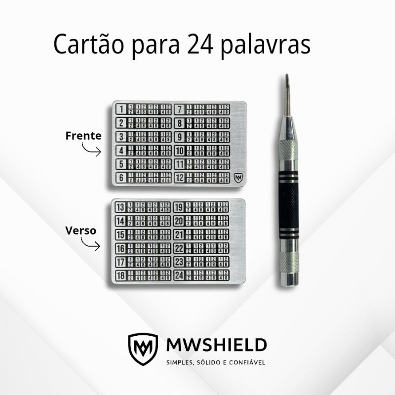 Carteira de Metal Bitcoin BIP 39 | Kits cartão 24 palavras + punção | Cold Wallet p/ Seed Pharse