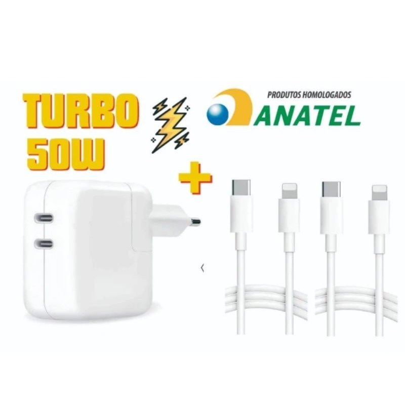 Carregador Duplo 50 w ANTI AQUECIMENTO Turbo + 1 ou 2 CABOS Homologado Anatel p/iPhone X 13 14 15 16