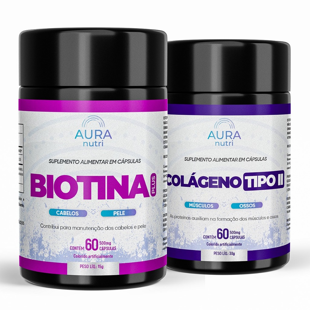 Kit Biotina Plus + Colágeno Tipo 2 Cabelo Pele Unha e Ossos Músculos Articulação Aura Nutri