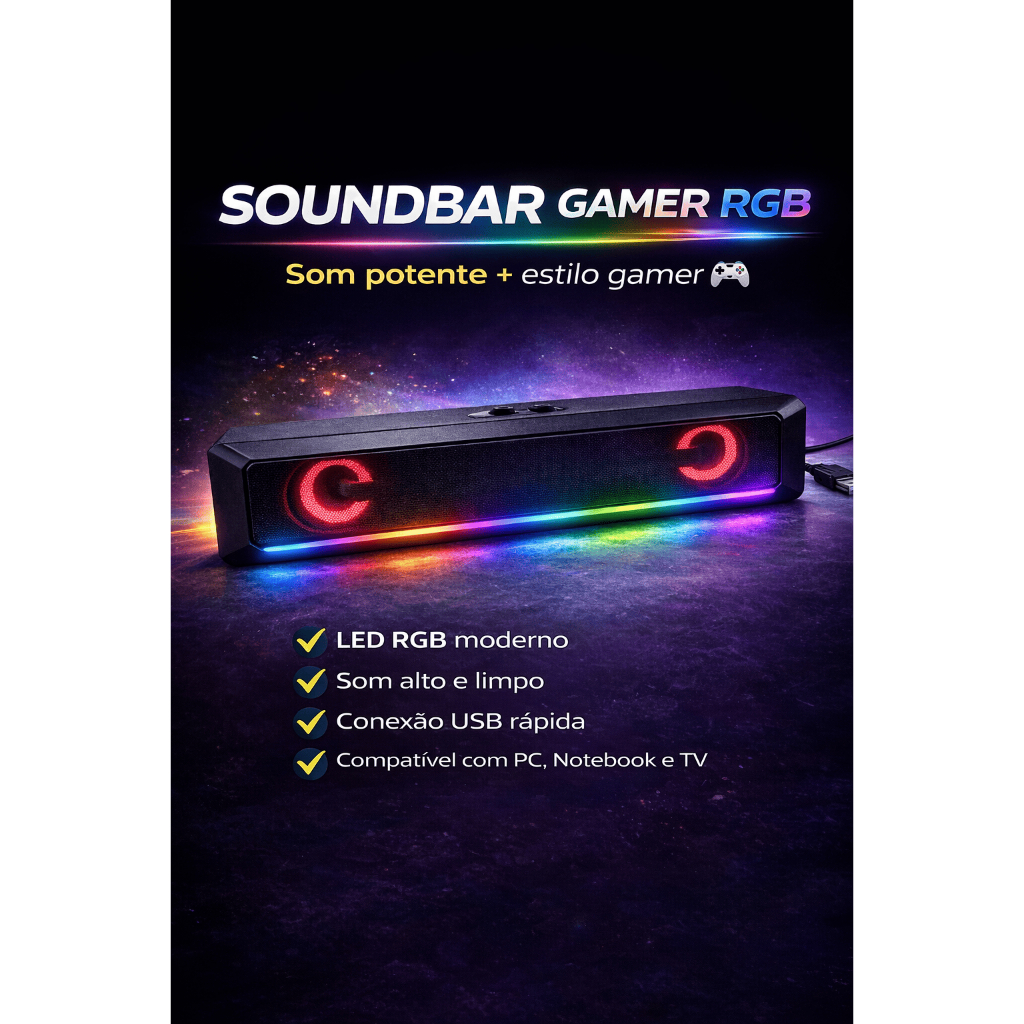 Soundbar Gamer Knup KP-RO802 LED RGB USB Som Potente PC Notebook TV