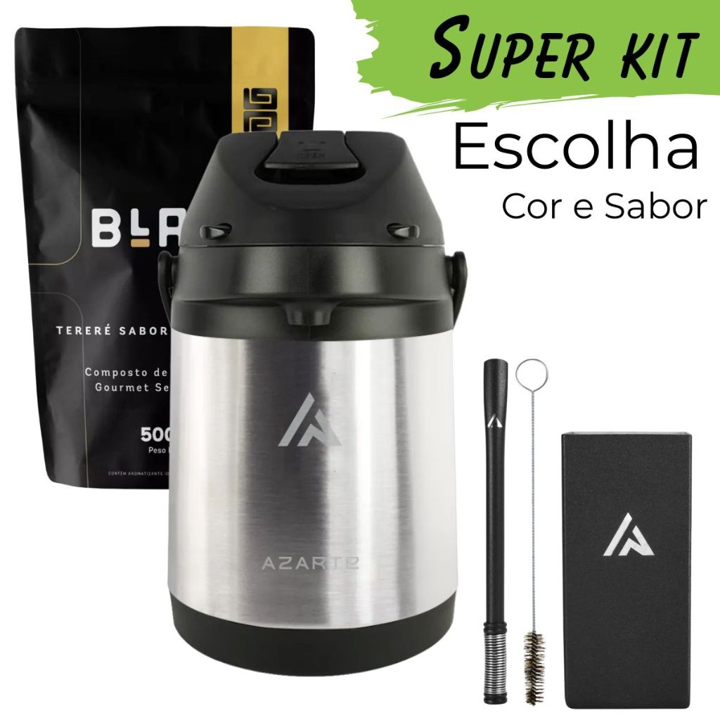 Kit Tereré, Garrafa Térmica 2,5 Litros,  Copo Quadrado e Bomba em Inox Original Azarte + Erva Black