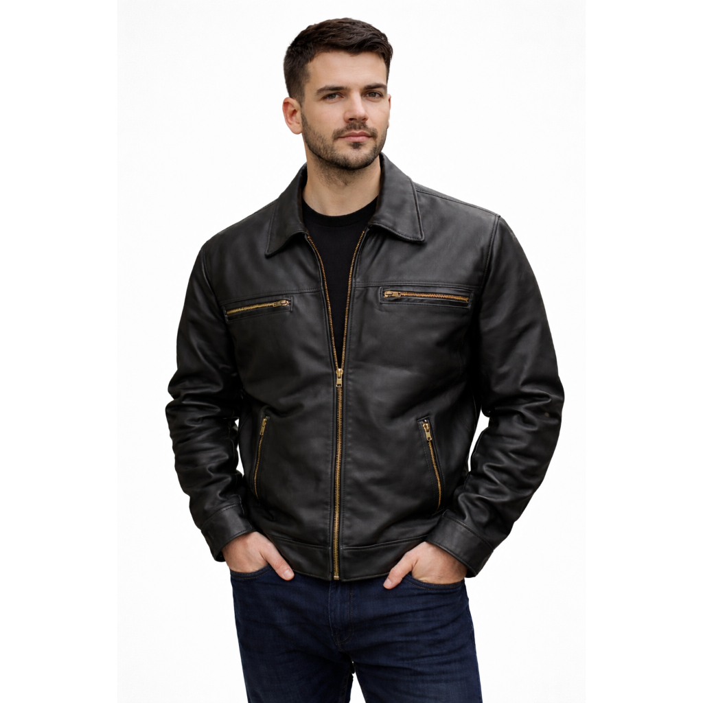 Jaqueta Masculina de Couro Premium Preta Slim Fit - Modelo Antonio