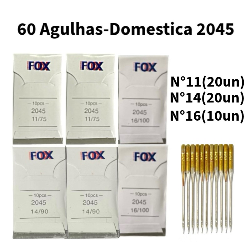 Kit 60 Agulhas Douradas 2045 para Máquina Doméstica Nº 11/14/16 Tamanhos Variados