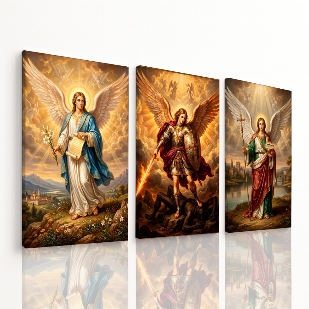 Kit Quadros Decorativos 122x60cm Arcanjos Miguel Rafael Gabriel Anjos Luz Religiosos Proteção Divino