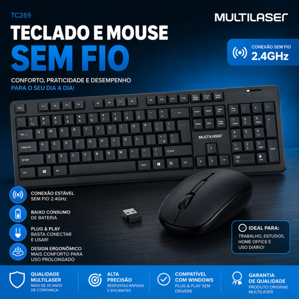 Combo Teclado E Mouse Sem Fio Multilaser Usb 2.4 Ghz - TC269 Cor Do Mouse Preto