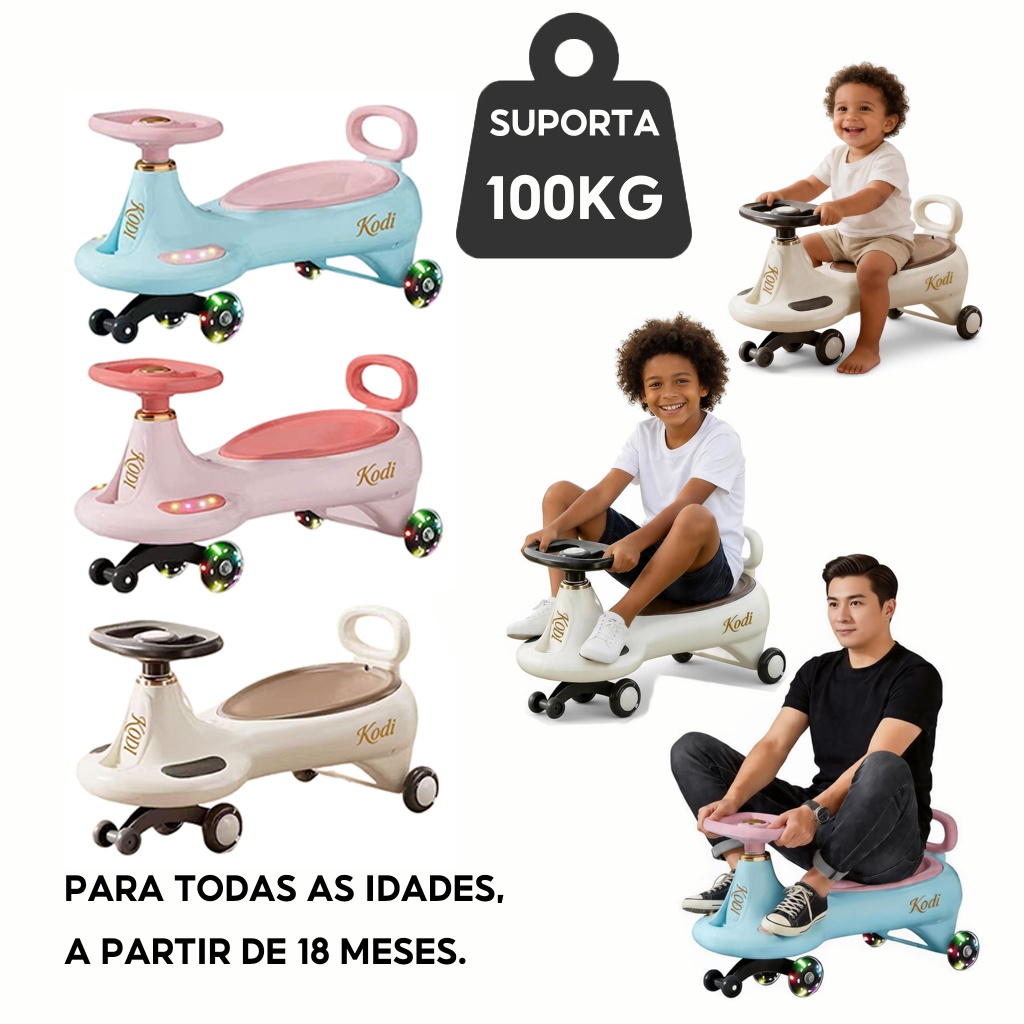 Carrinho Ginga Infantil 3 em 1 LED Bluetooth 360° Rolimã até 100kg Brinquedo Criança P23