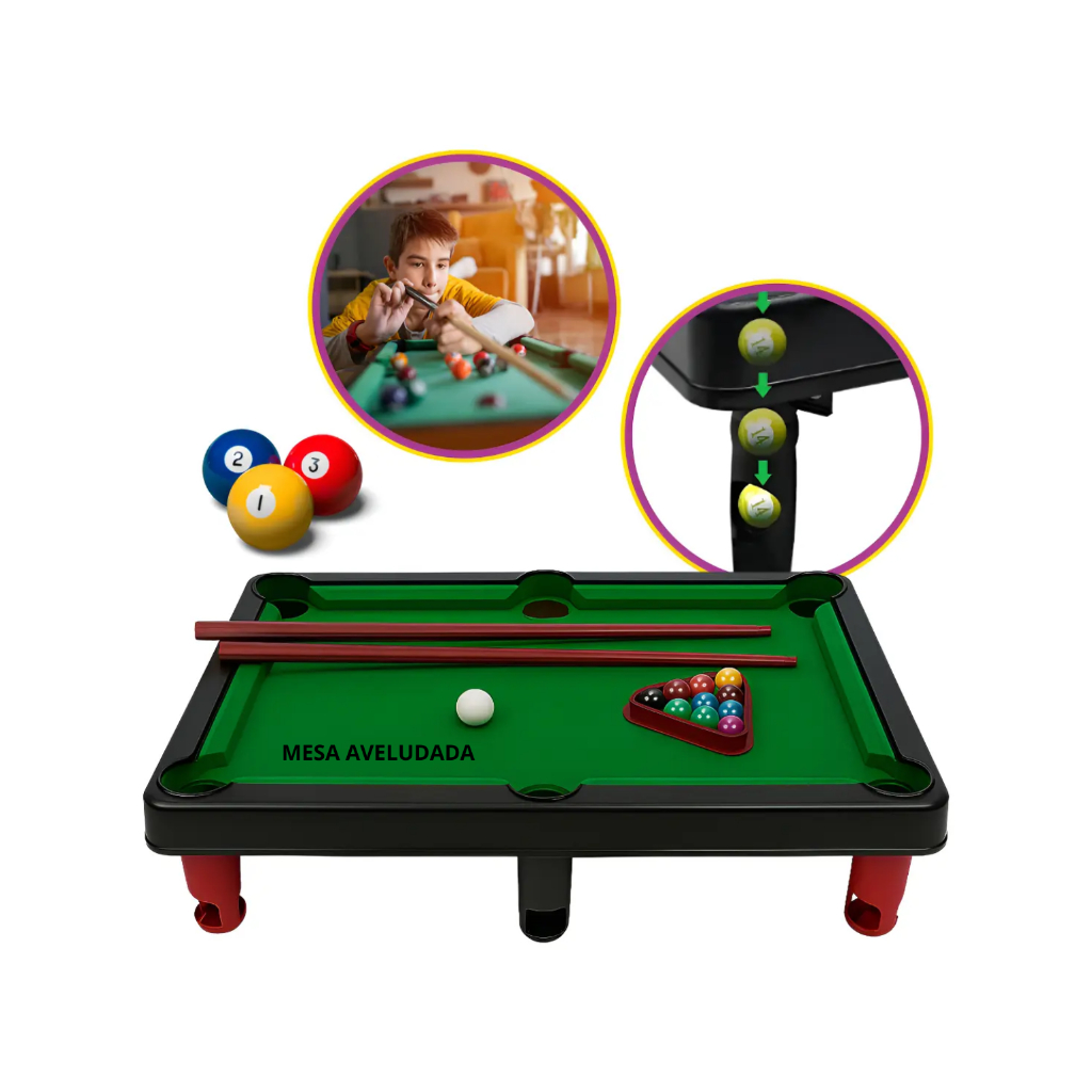 MESINHA DE SINUCA BILHAR SNOOKE COM 2 TACOS E TRIANGULO BRINQUEDO INFANTIL