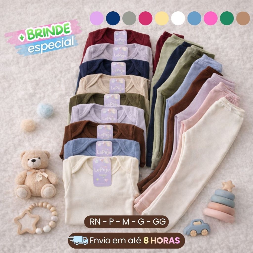 Conjuntos Body Manga Longa Canelado + Mijão Liso Canelado RN ao GG Bebê Menino Menina Barato Bory