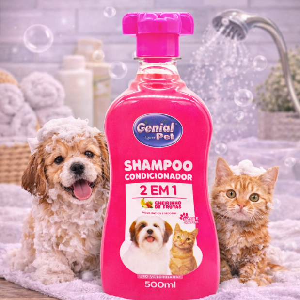 Shampoo E Condicionador Para Pet 2 Em 1 Genial Pet 500 mL Para Cães E Gatos