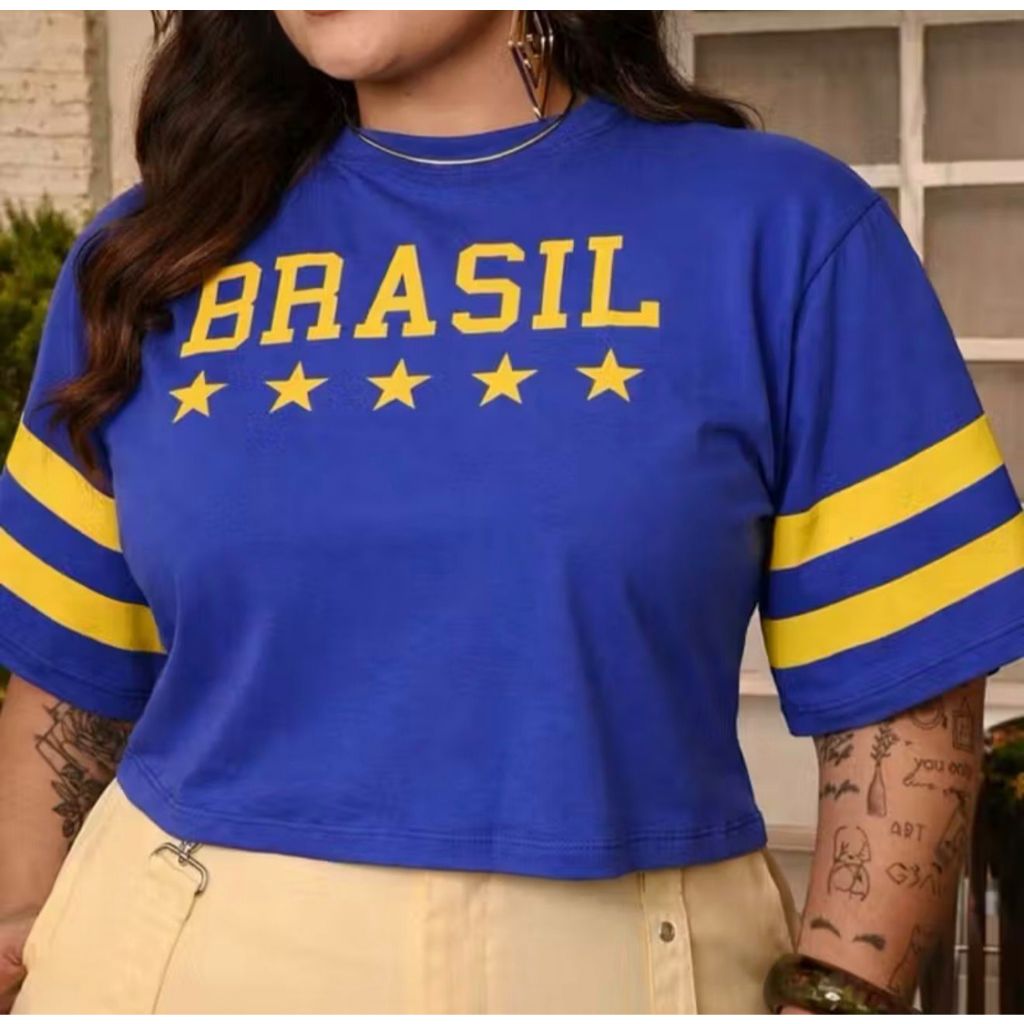 Cropped e Camiseta Brasil Feminina Plus Size  Normal Estampada Casual Moda Copa do Brasil M G  46 54 Tecido 100% Algodão