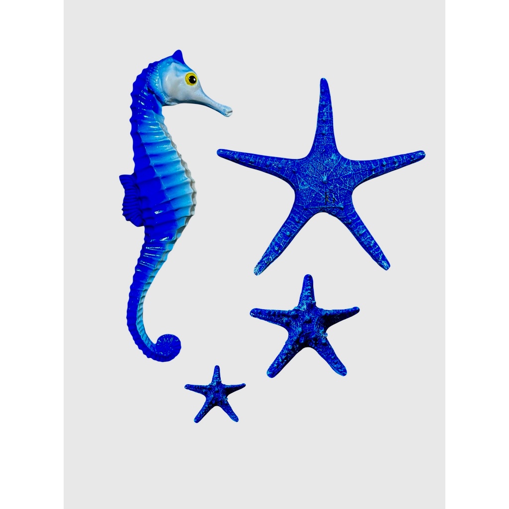 KIT com 3 estrelas do mar mais cavalo marinho azul decoração de parede casa picina festa