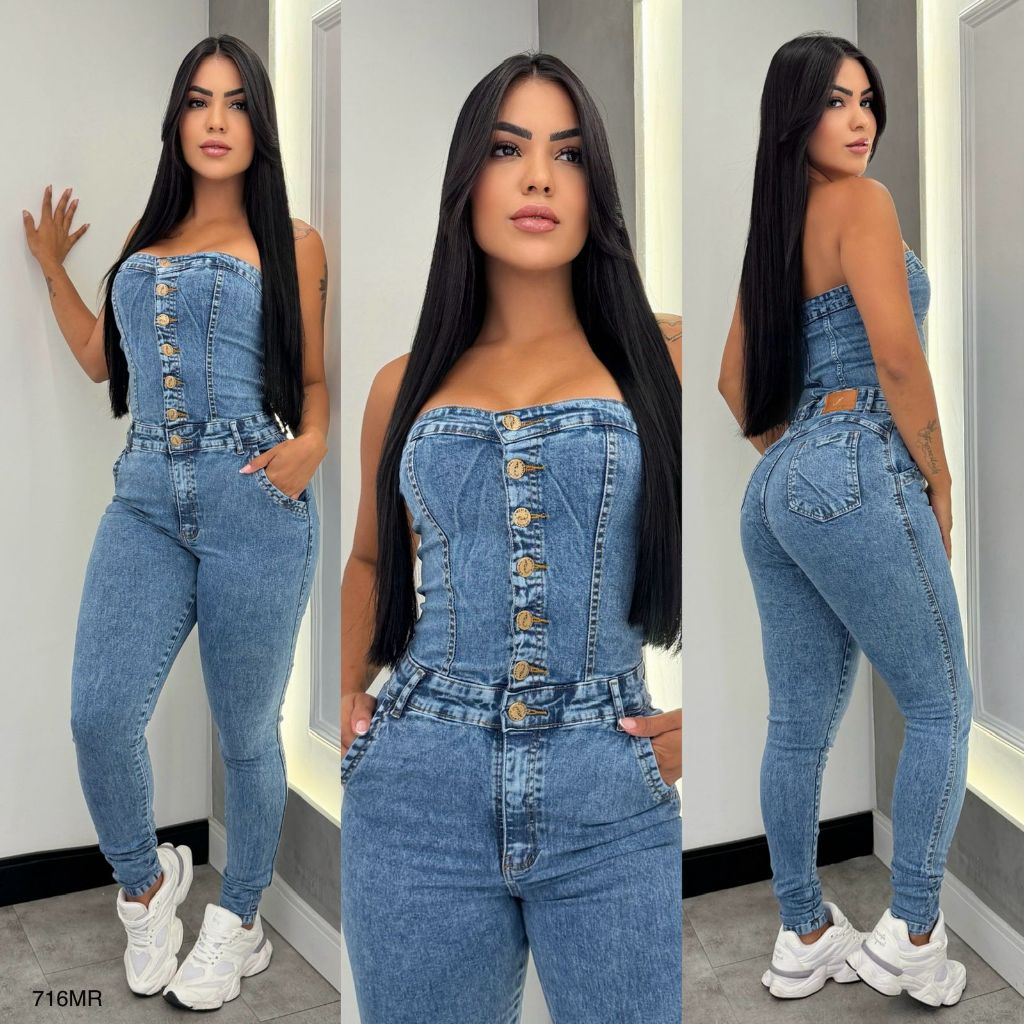 Macacão Feminino Jeans Sal e Pimenta e Pimenta Original com Lycra