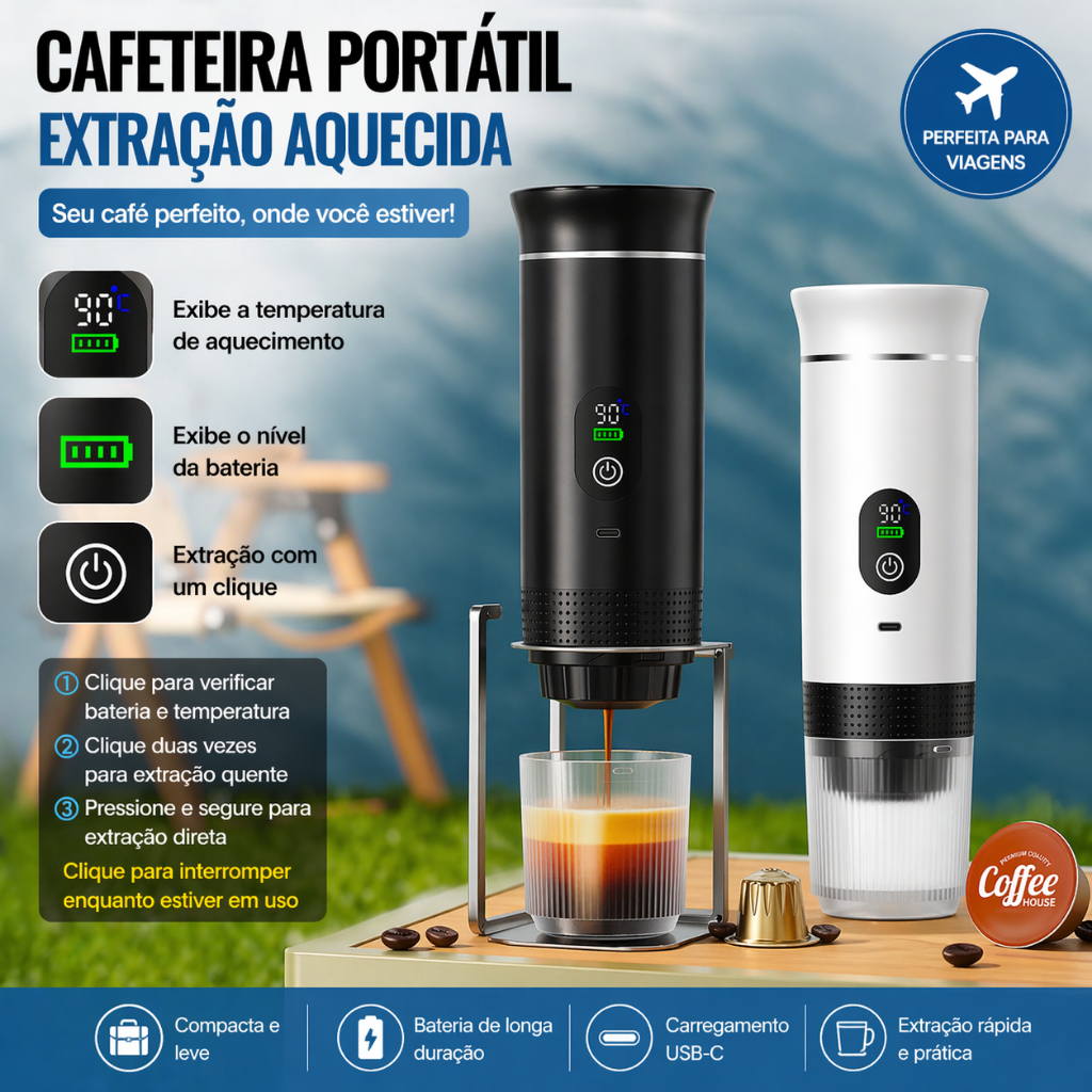 Cafeteira Portátil Veicular 3 em 1 Com Aquecimento Espresso USB Cápsula e Pó Para Carro