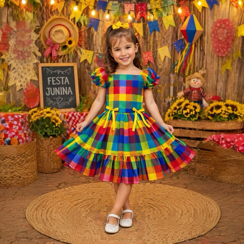 Vestido Festa Junina Infantil Meninas Rainha Caipira Quadrilha Arraial Junino São João