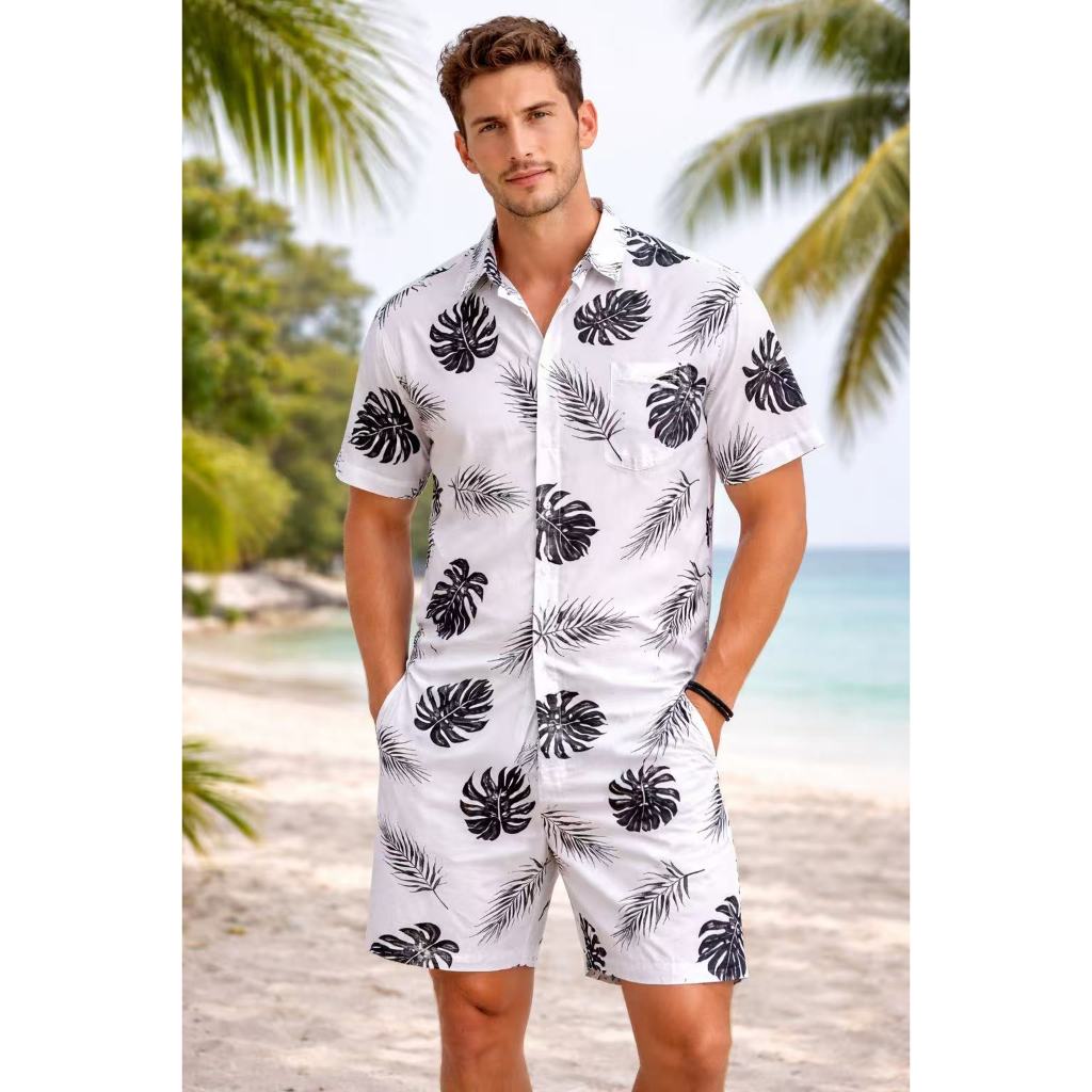 Conjunto de camisa e shorts com estampa floral havaiana (três bolsos) para adultos masculinos de viscose em Oferta na Shopee