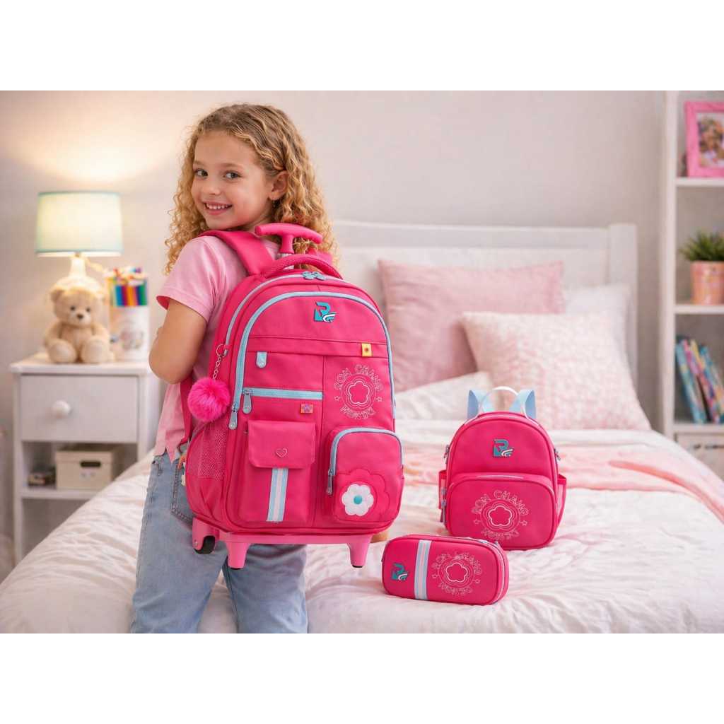 KIT 3 mochila com rodinha + Mini MOCHILA +BOLSA ESTOJO BOX LINDO CONJUNTO FEMENINO