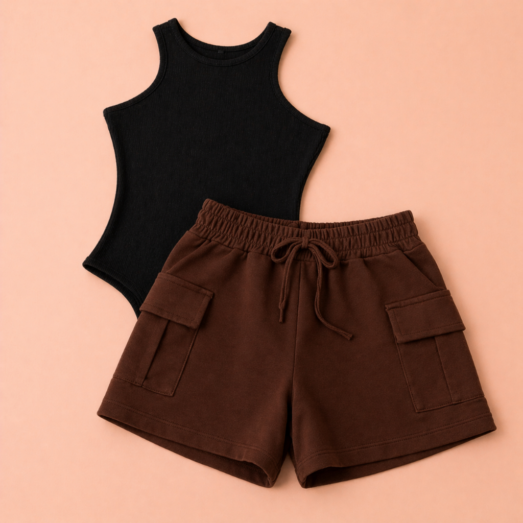 Conjunto Shorts Cargo Feminino Alfaiataria / Body Regata Suplex Tendência 2026 Moda Blogueira - ENVIO IMEDIATO!!!