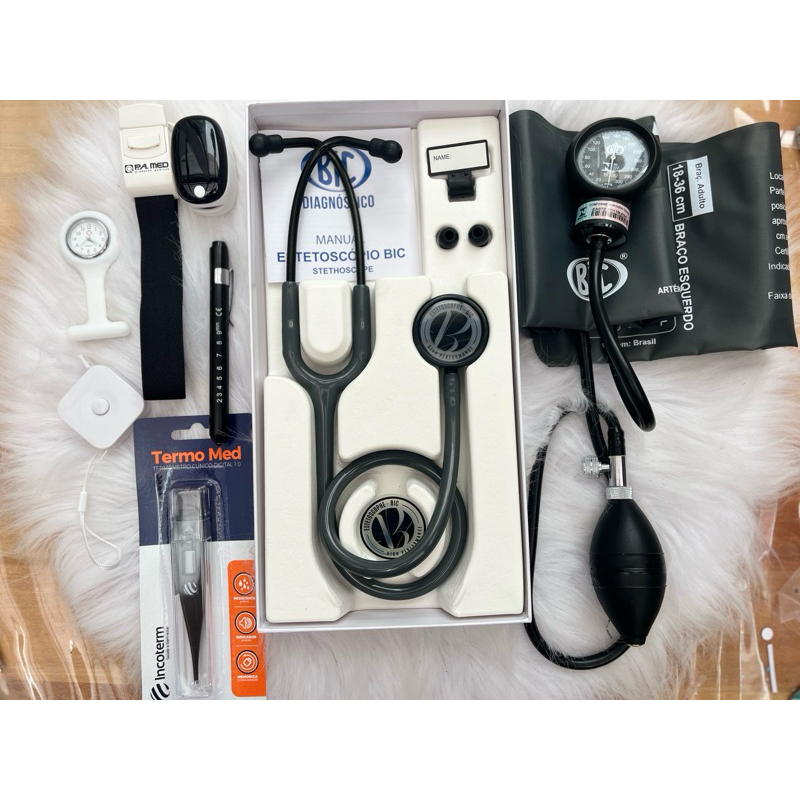 kit bic cinza enfermagem saúde estetoscópio bic Eternity III completo com oxímetro