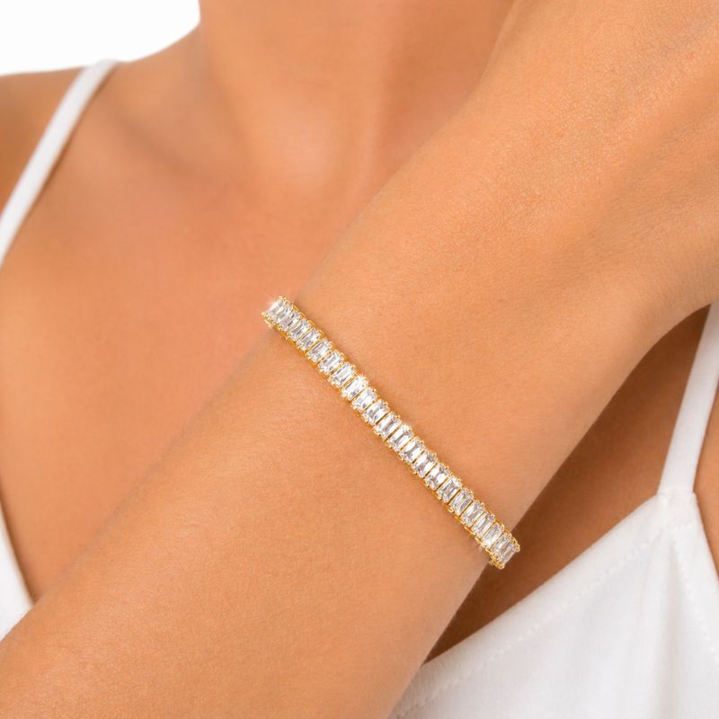 Pulseira Riviera Baguete Feminina Em Zircônias Cristal – Semijoia Banhada a Ouro 18K Presente Luxo