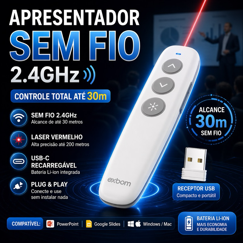 Apresentador PowerPoint Sem Fio 2.4GHz com Laser Vermelho USB-C Recarregável Alcance 30m Controle Slides PPTProfissional