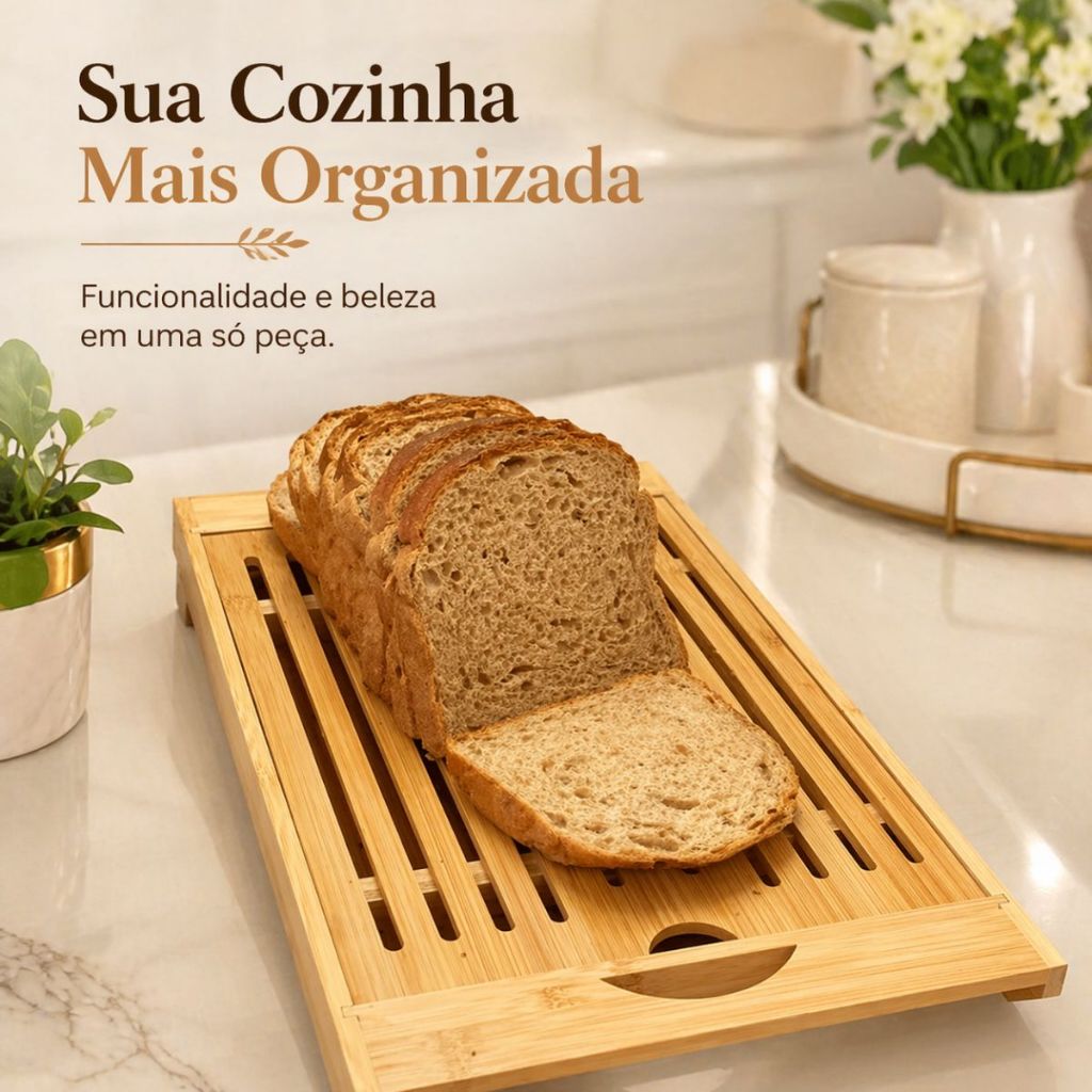 Migalheira de Bambu Tábua de Corte Para Pães Bolos e Frios Com Bandeja Multiuso Porta Panela 4 em 1