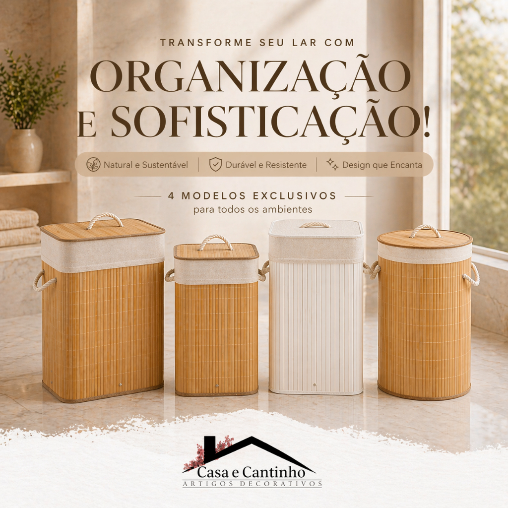 Cesto de Roupa Suja Dobrável Bambu com Tampa e Forro Organizador Resistente e Grande Banheiro