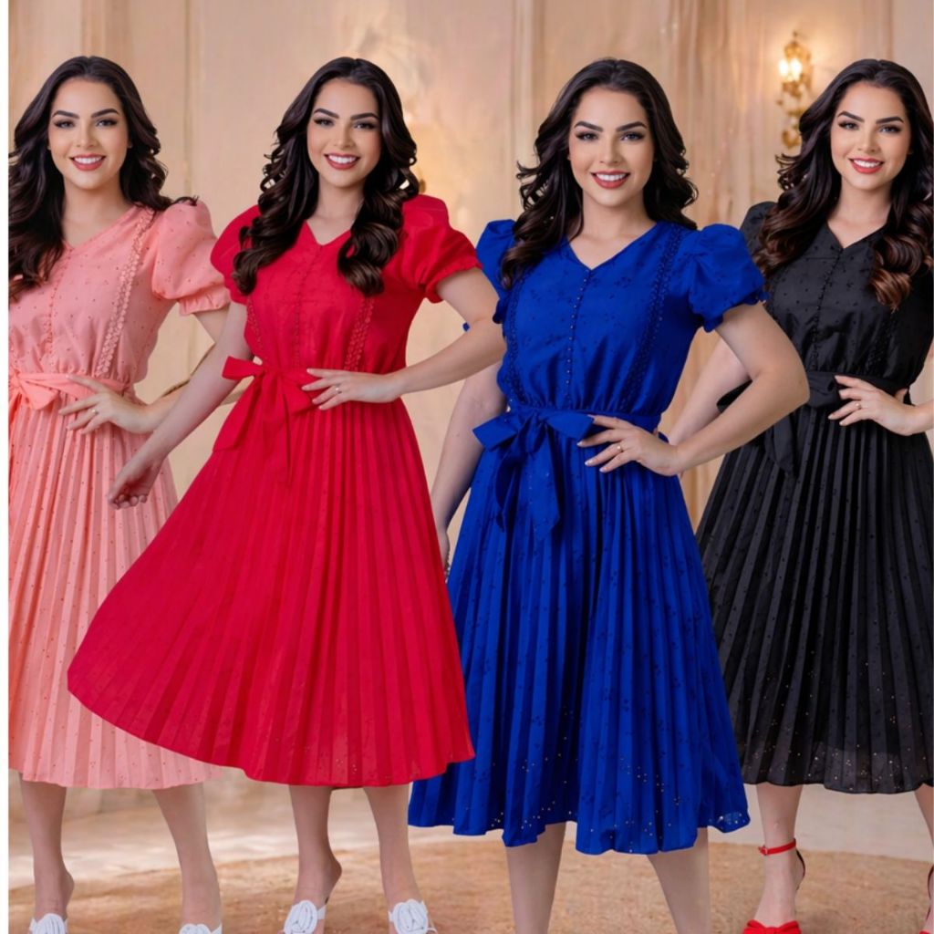 Vestidos Moda Evangélica Midi Plissado Pérolas Guipir Faixa Laço Forrado Elegante Moda Cristã
