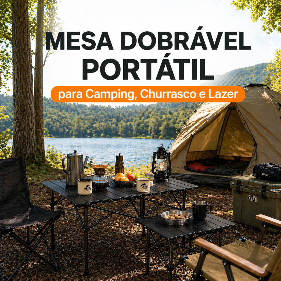 Mesa Dobrável Portátil para Camping, Churrasco e Lazer - Preta/Bege Compacta e Prática