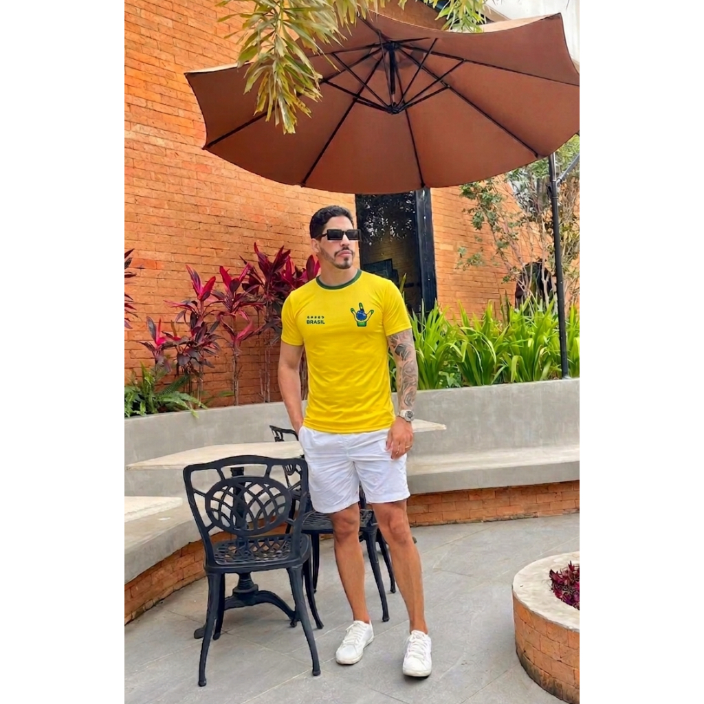 CAMISA BRASIL ESTAMPA PERSONALIZADA FIT TIME FUTEBOL TORCEDOR SELEÇÃO VERDE E AMARELA BÁSICA SIMPLES ACADEMIA