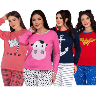 Pijama De Frio Feminino Longo Plus Size Estampado Desenhos P ao 54/Pijama Feminino Longo Confortável Inverno Malha Macia