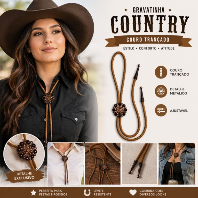 Colar Gravata Country Feminina Em Couro Ajustável Floral