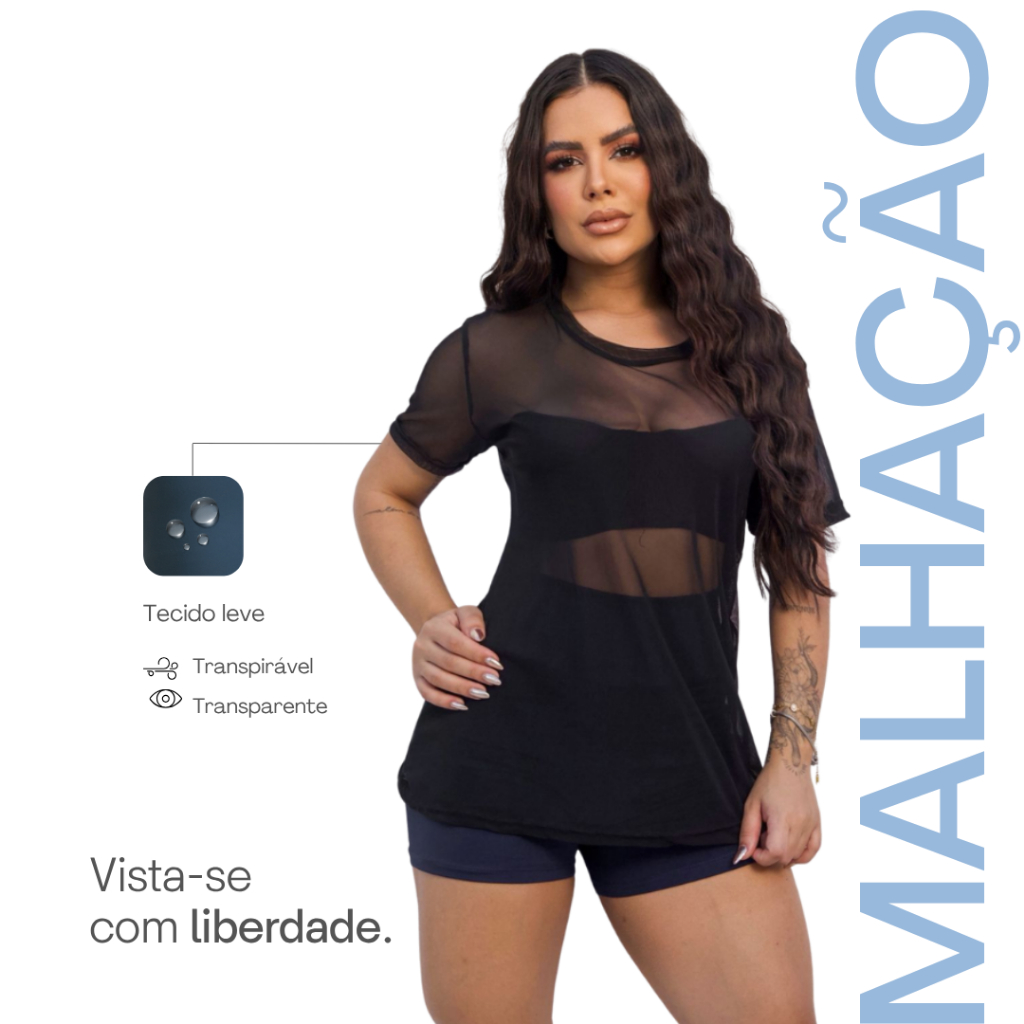 Blusa Tule Feminina Transparente Fitness Manga Camiseta Academia Feminina Camisa