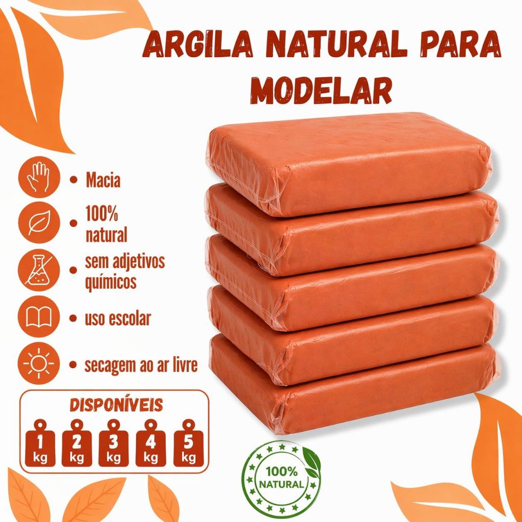 Argila Natural Para Modelagem Torno Escultura Uso Escolar 1,2,3,4,5 kg Terracota