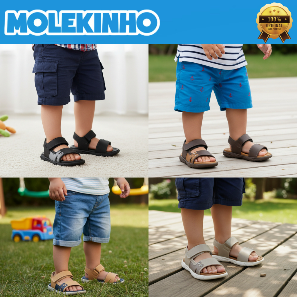 Sandália Infantil Molekinho Baby Meninos Papete Escolar Ajuste de Velcro Macia Confortável Dia a Dia 2135173 Original