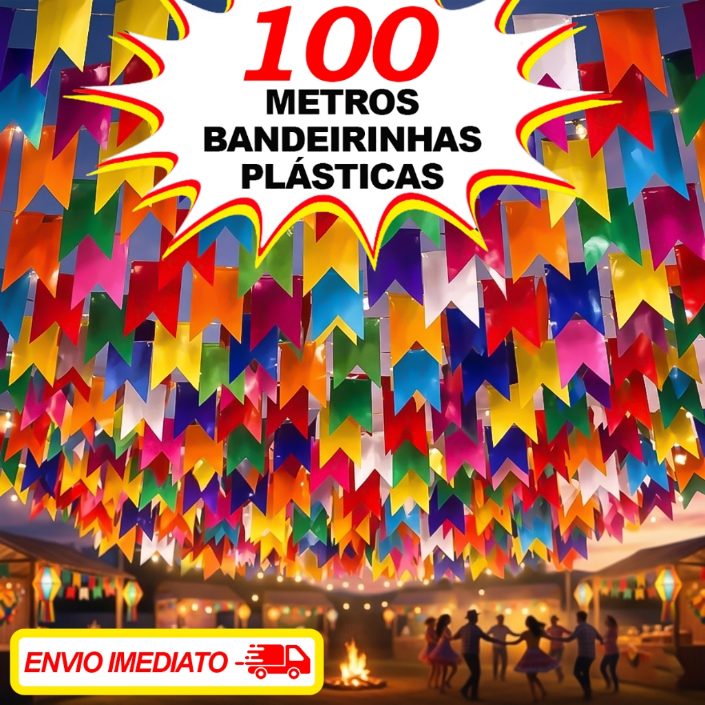 Kit 100 Metros Bandeirinhas Festa Junina Plástico Decoração Julina Bandeirola Arraia São João