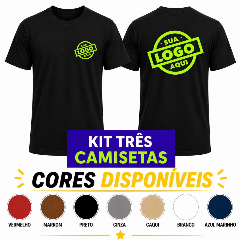 Kit 3 Camisetas 100% Algodão Personalizadas com Sua Logo ou Estampa para Empresas, Camisa Equipes e Eventos