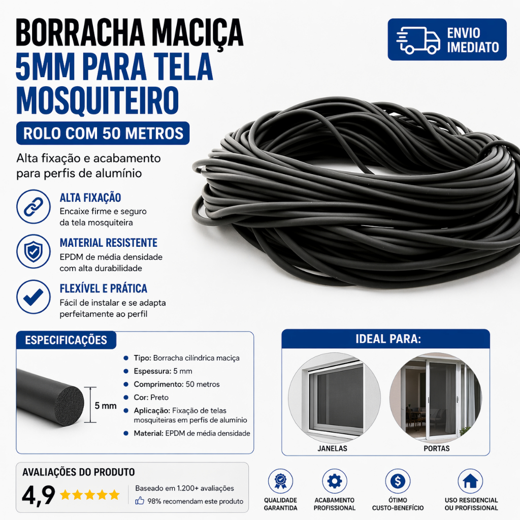 Borracha 5mm para Tela Mosquiteiro Rolo 50m  Alta Fixação Ideal para Perfil de Alumínio Envio Imediato