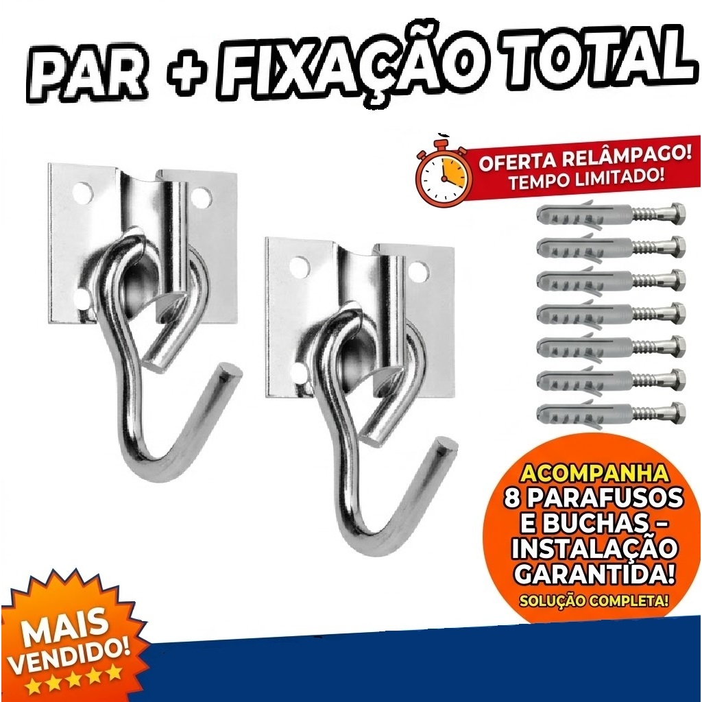 Kit Par de Gancho De Rede De Balanço até 250kg Armador Aço Grosso Reforçado Com 8 Parafusos E Buchas