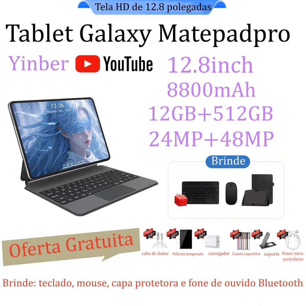 【Teclado e mouse gratuitos】Tablet Galaxy Matepad pro 12 GB de RAM + 512 GB de ROM Tela HD de 12.8 polegadas Android5G