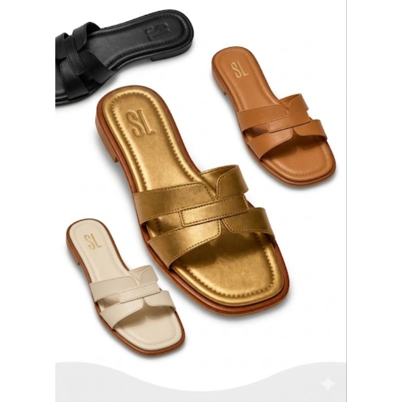 Rasteirinha Feminina Estilo H Confortável Elegante Sandália Slide Casual Preto Off White Caramelo