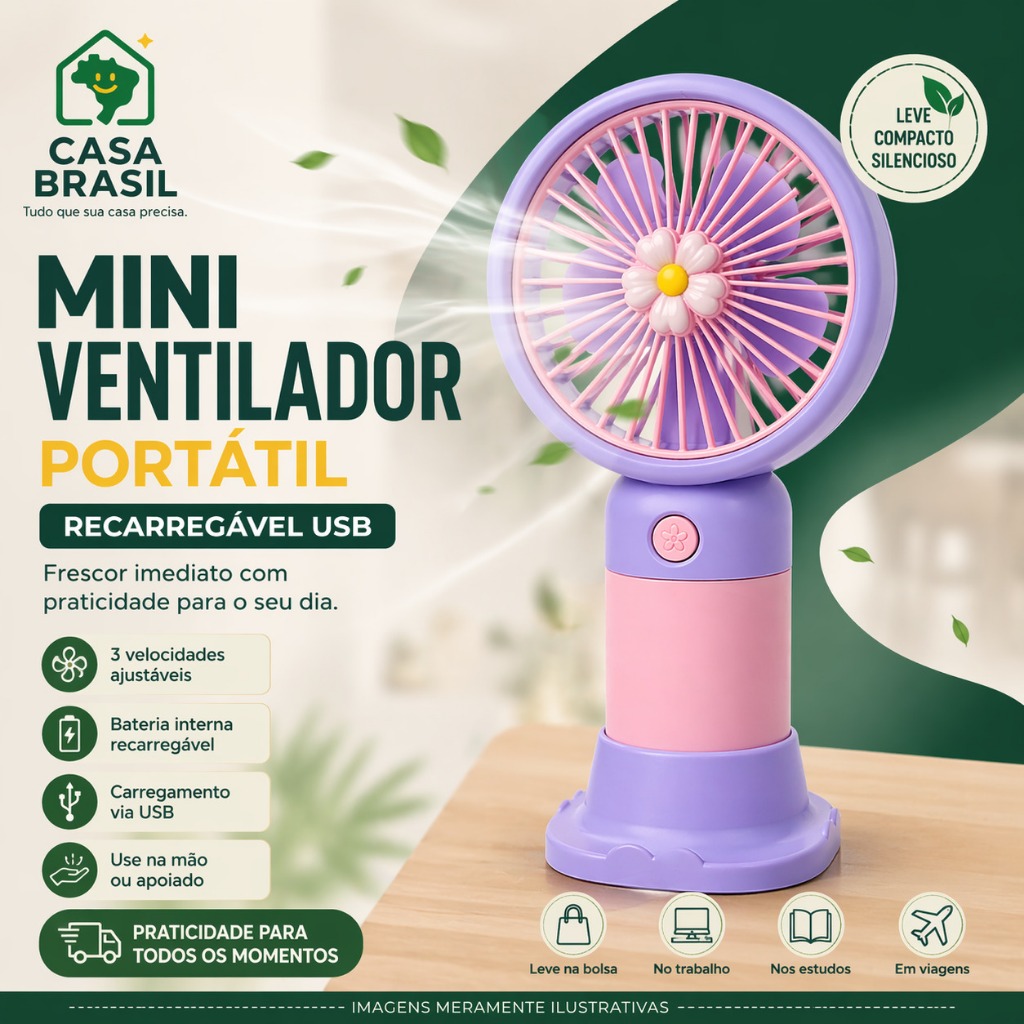 Mini Ventilador Portátil Recarregável USB Mão Mesa 3 Velocidades Silencioso Compacto Bateria Oferta