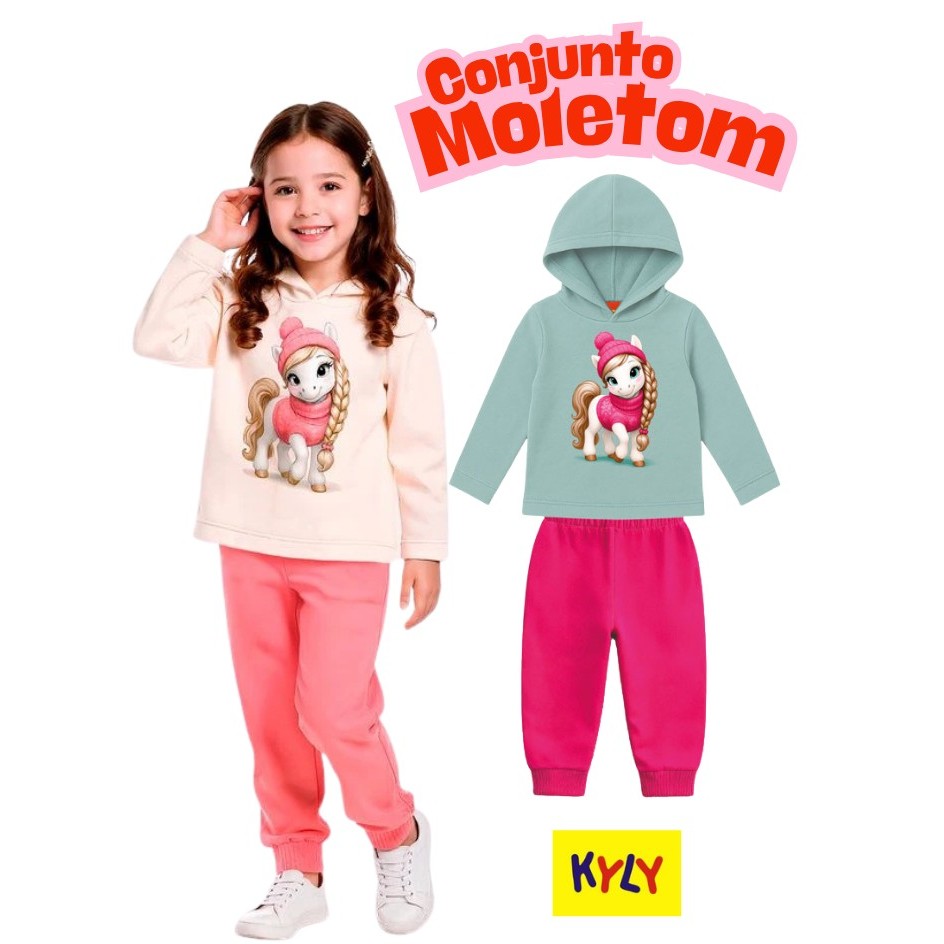 Conjunto Infantil Menina Estampa Kyly unicornio e moletom com capuz  punho na calça forrada  inverno