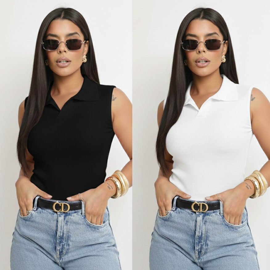 KIT COM 2 Blusas Regata Feminina Canelada Gola Polo Básica Liso Moda Casual Camisa Sem Manga Tendência amisa Sem Manga.