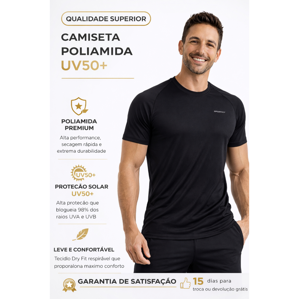 Camiseta Poliamida Dry Fit UV50 SportFit Segunda Pele Leve Geladinha Academia Casual Confortavel